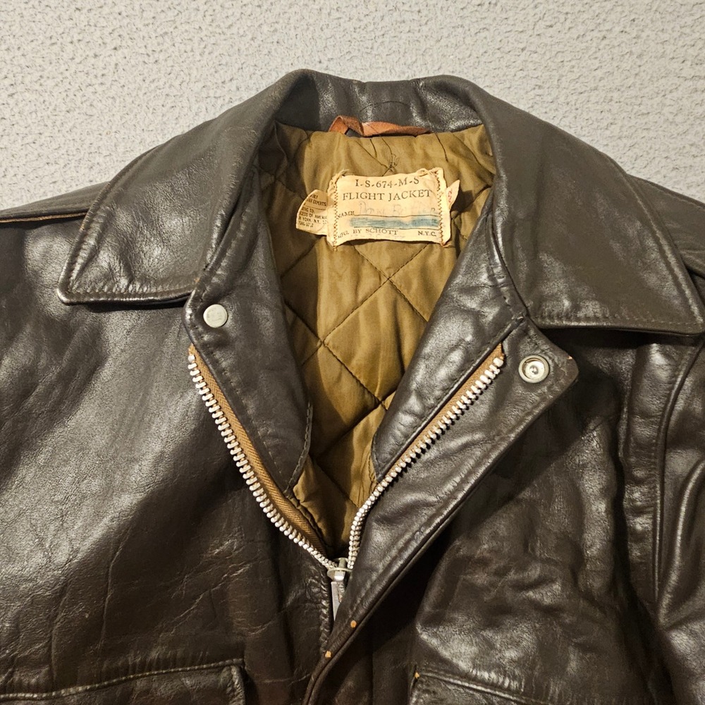 Vintage Schott NYC I-S-674-M-S Leather Flight Jacket Bomber Brown Mens 42 1977